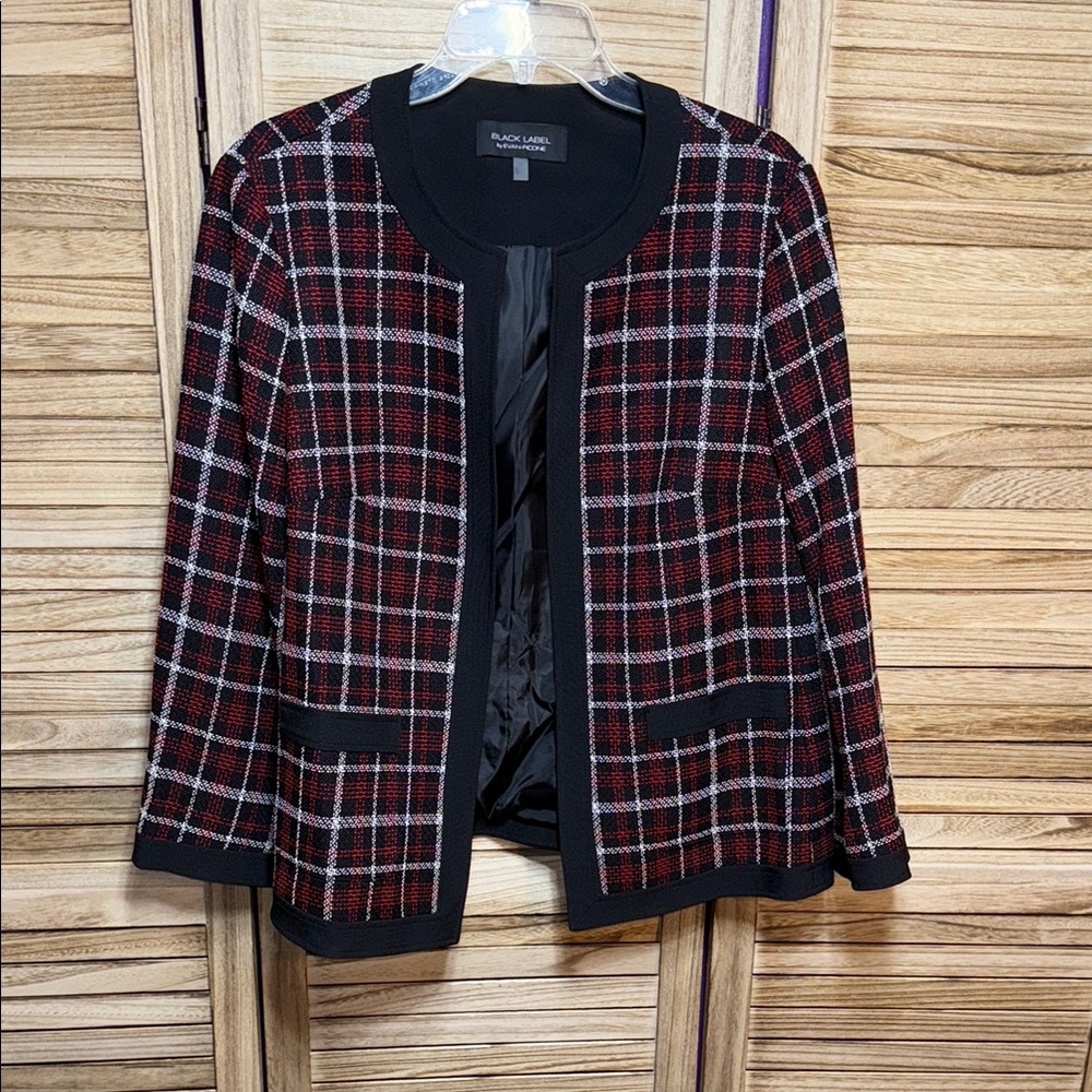 Black Label Red and Black Plaid Long Sleeve Blazer Open Cardigan Size 14